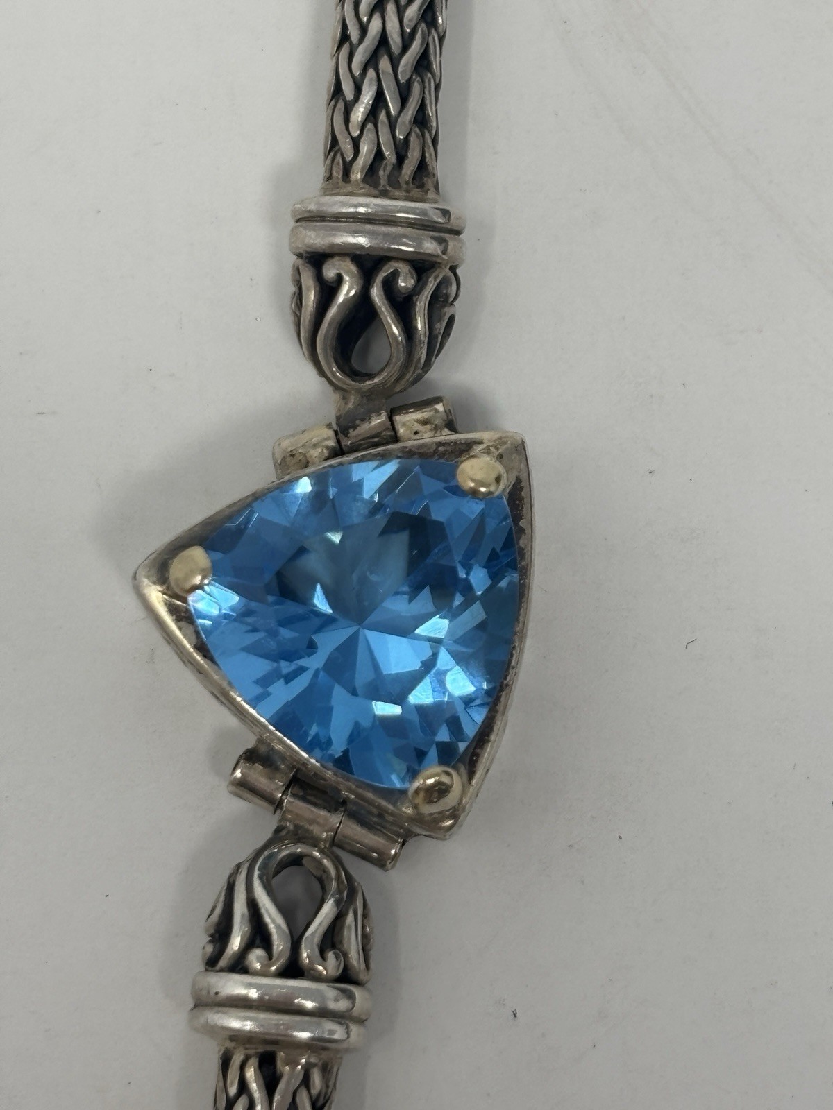 Vtg David Schorr Sterling Silver 18K Gold Blue Topaz Woven Wheat Bracelet 7.5”