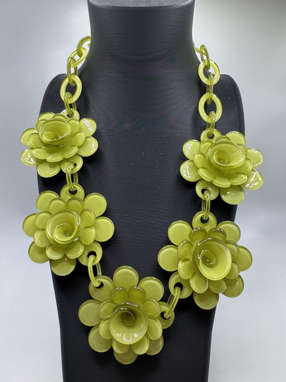 Lime Green Floral Statement Necklace Earrings Set Chunky Flower Artsy Funky Fun