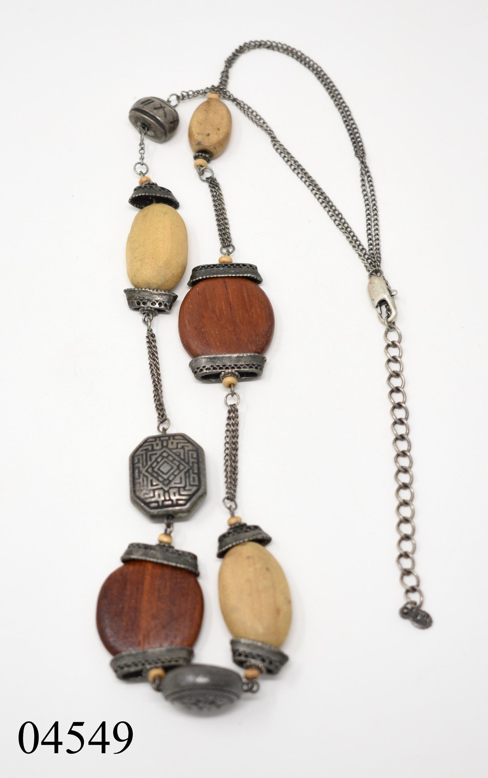 23″ Southeast Asia Gunmetal Embossed Bead & Wood Chain Necklace