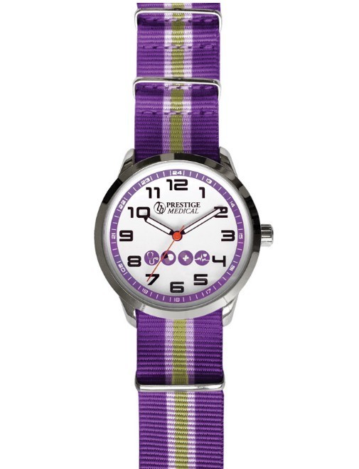 Prestige Medical women’s nurse watch water-resistant striped nylon strap -Purple