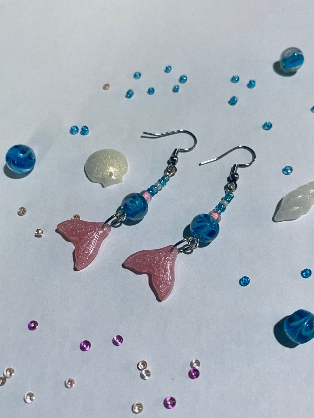 Pink Mermaid handmade earrings, resin and beads.