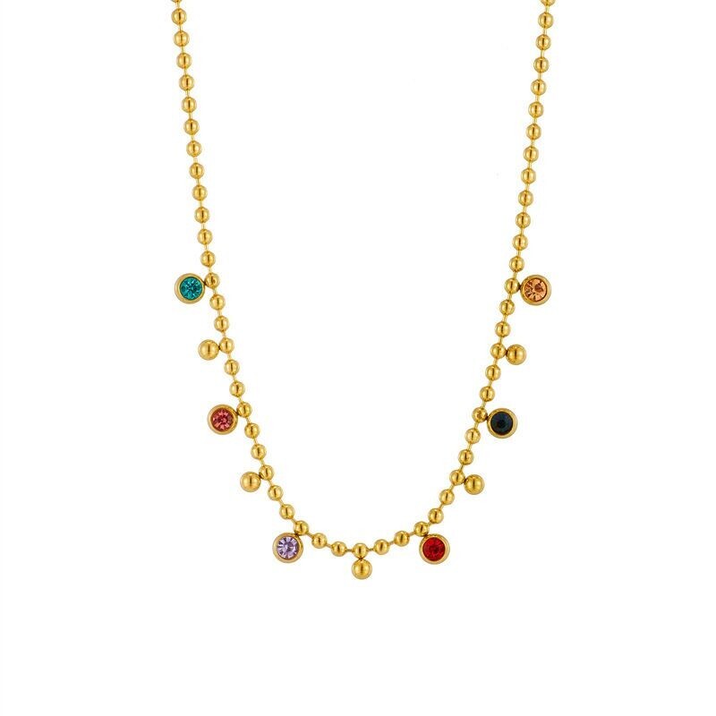 Woman 18K Gold Plated Stainless Steel Mutilcolor CZ Simulate Bead Chain Necklace