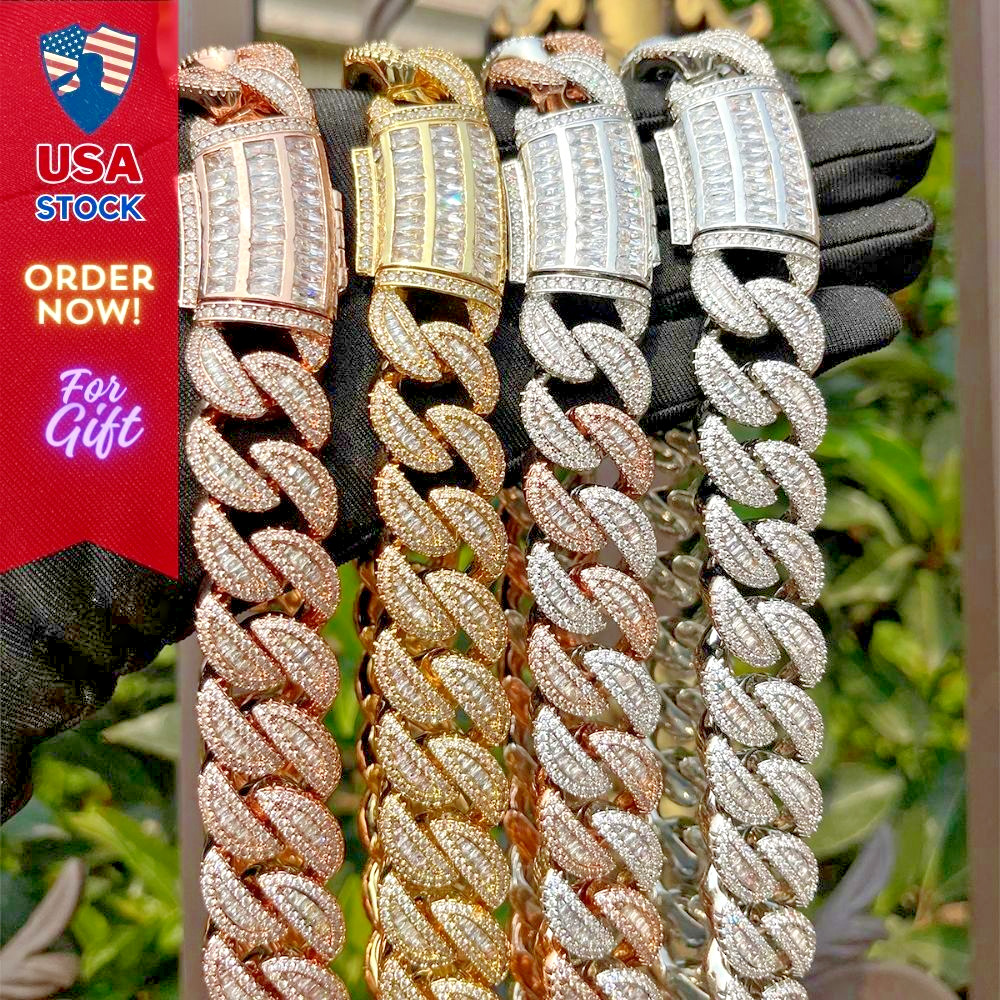 Baguette Luxury Cuban Miami Chain Iced Out Men Teen Necklace Hip Hop Gift New
