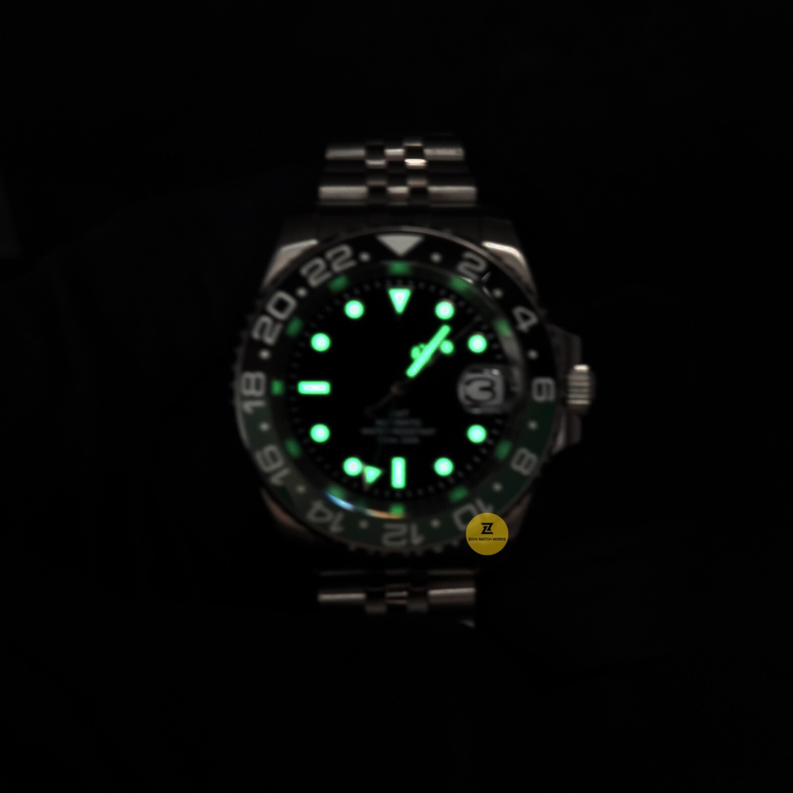 Custom Made 40mm Green Black GMT Sub Diver Mod Watch w/ NH34 Movement