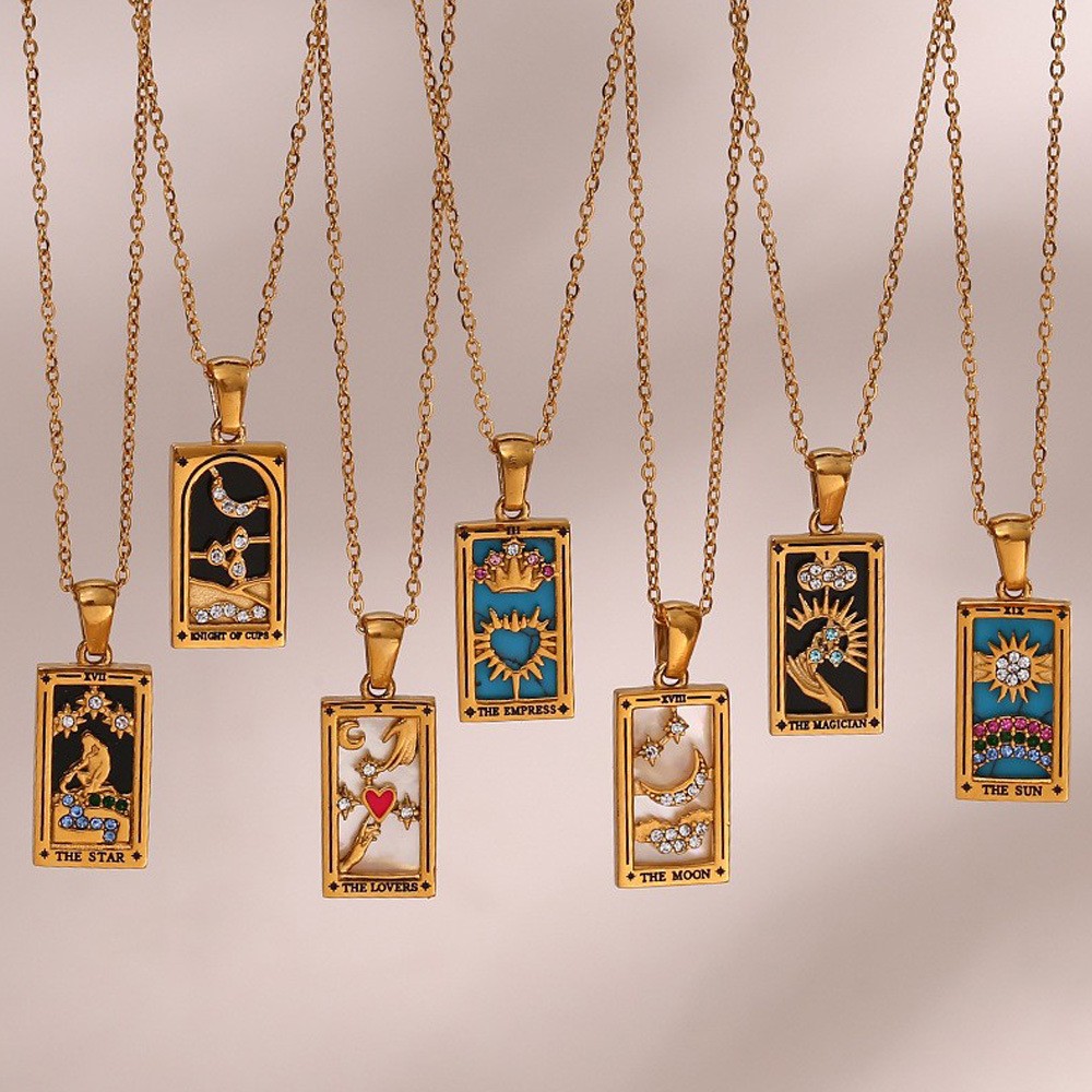 Tarot Card Rectangular Stainless Steel Enamel Zircon Fashion Pendant Necklace