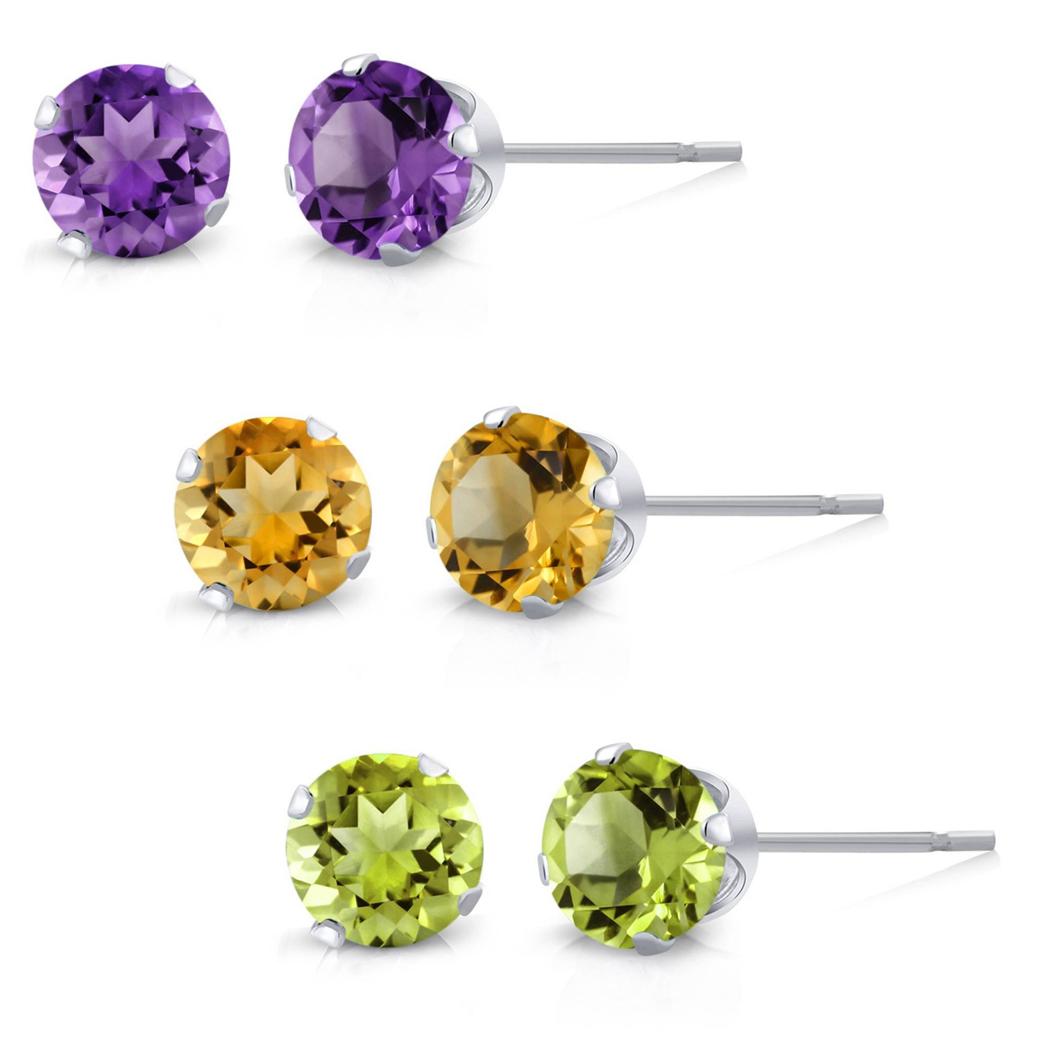 925 Sterling Silver Amethyst Citrine and Peridot Stud Earrings Set of 3