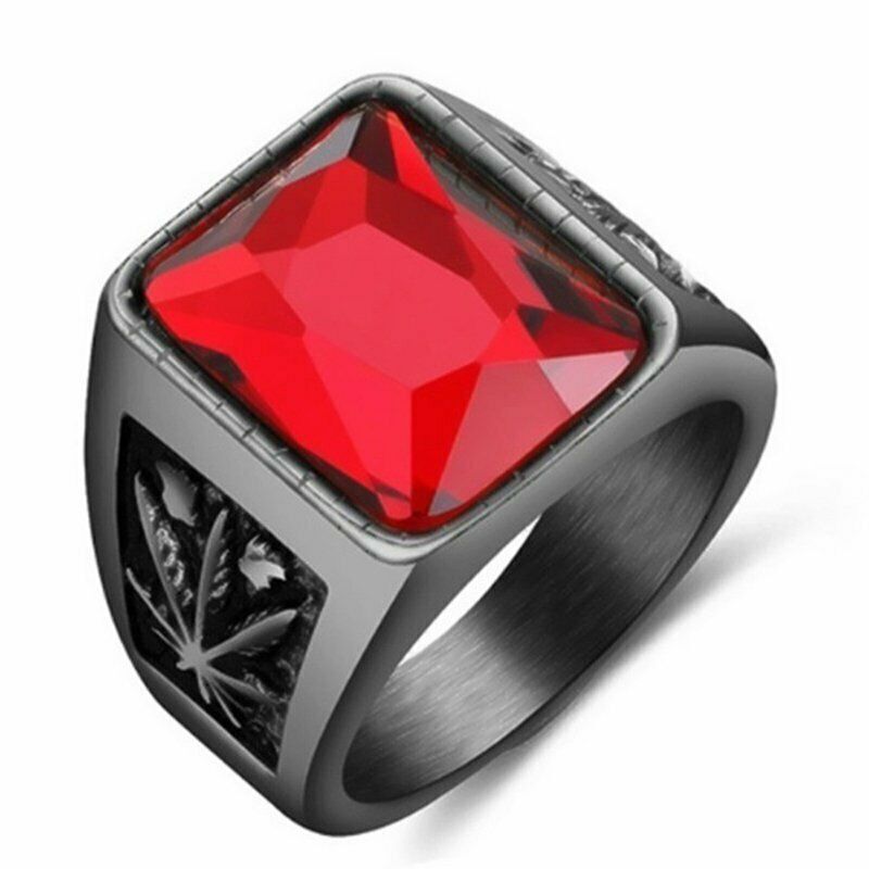 MENDEL Mens Black Red Large Onyx CZ Stone Ring For Men Stainless Steel Size 7-15