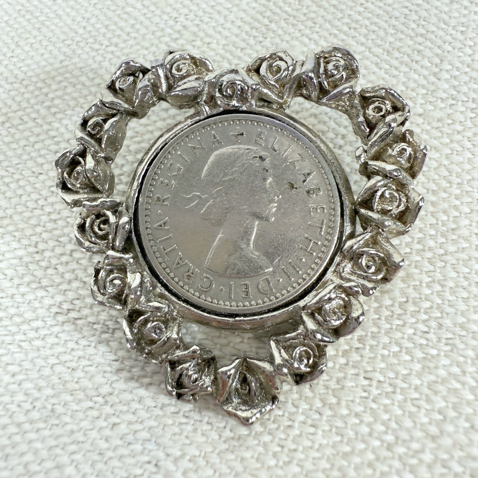 Vintage Coin Pendant Rose Flower Elizabeth II Six Pence 1964 Silver Tone