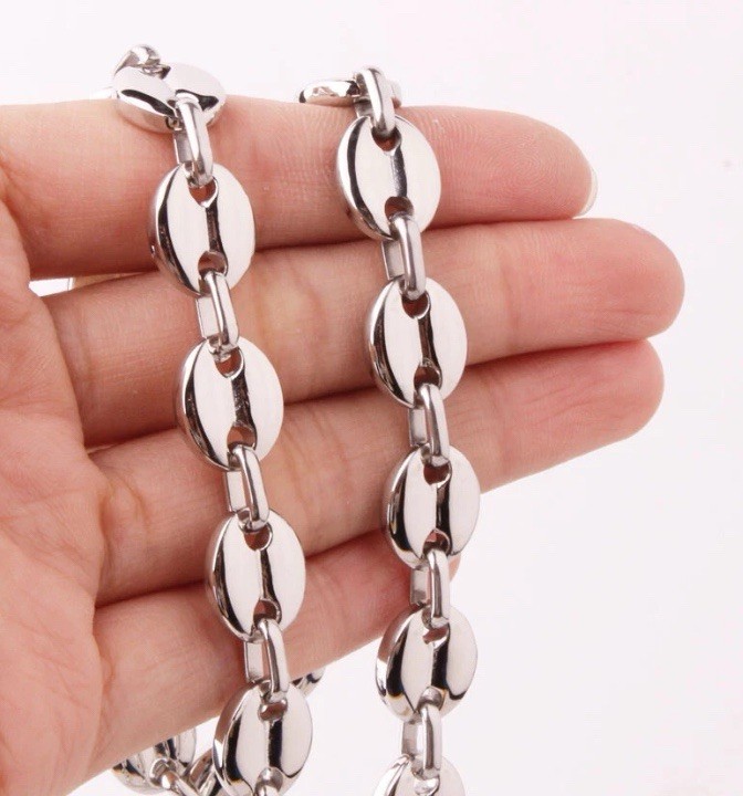 24 In Men 316L Stainless Steel Coffee Beads Bean Chain Necklace Jewelry