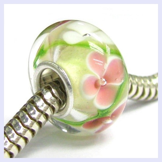 Pink White Flower Glass Bead with Sterling Silver for European Charm Bracelet