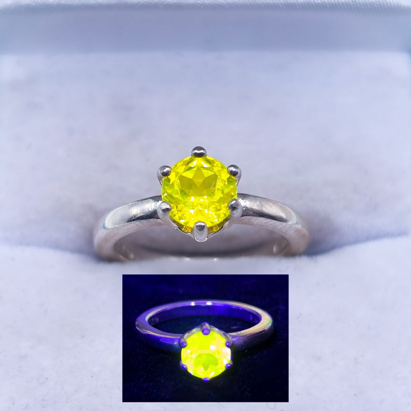 Sterling YAG Ring UV Yellow Yttrium Aluminum Garnet Round Cut Solitaire 925