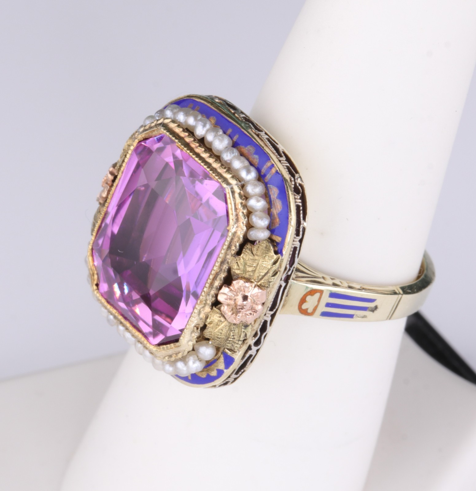 Spectacular Antique 14K Pink Sapphire and Enamel Ring 8.8 Grams Size 7-1/4