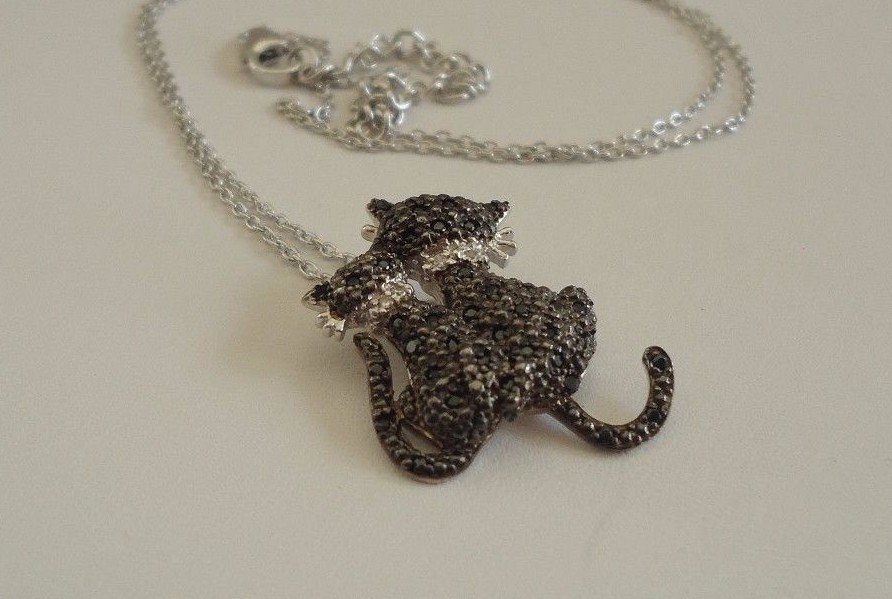 925 STERLING SILVER BLACK KITTY’S PENDANT NECKLACE W/ ACCENTS/18”CHAIN