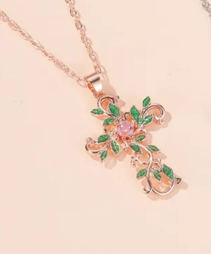 God We Trust Cross Rose Gold-tone Dainty Necklace Crucifix Diamond Cut Crystals
