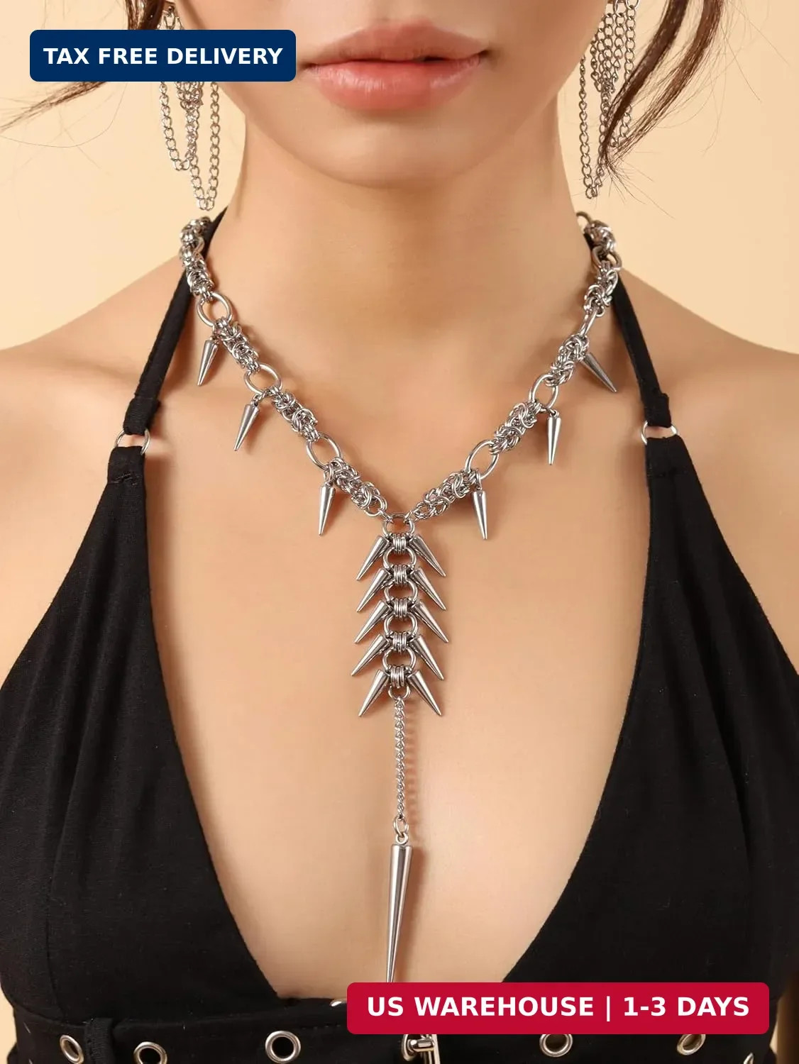 Sacina Silver-tone Chunky Spike Choker Necklace, Gothic Emo Punk Grunge Necklace