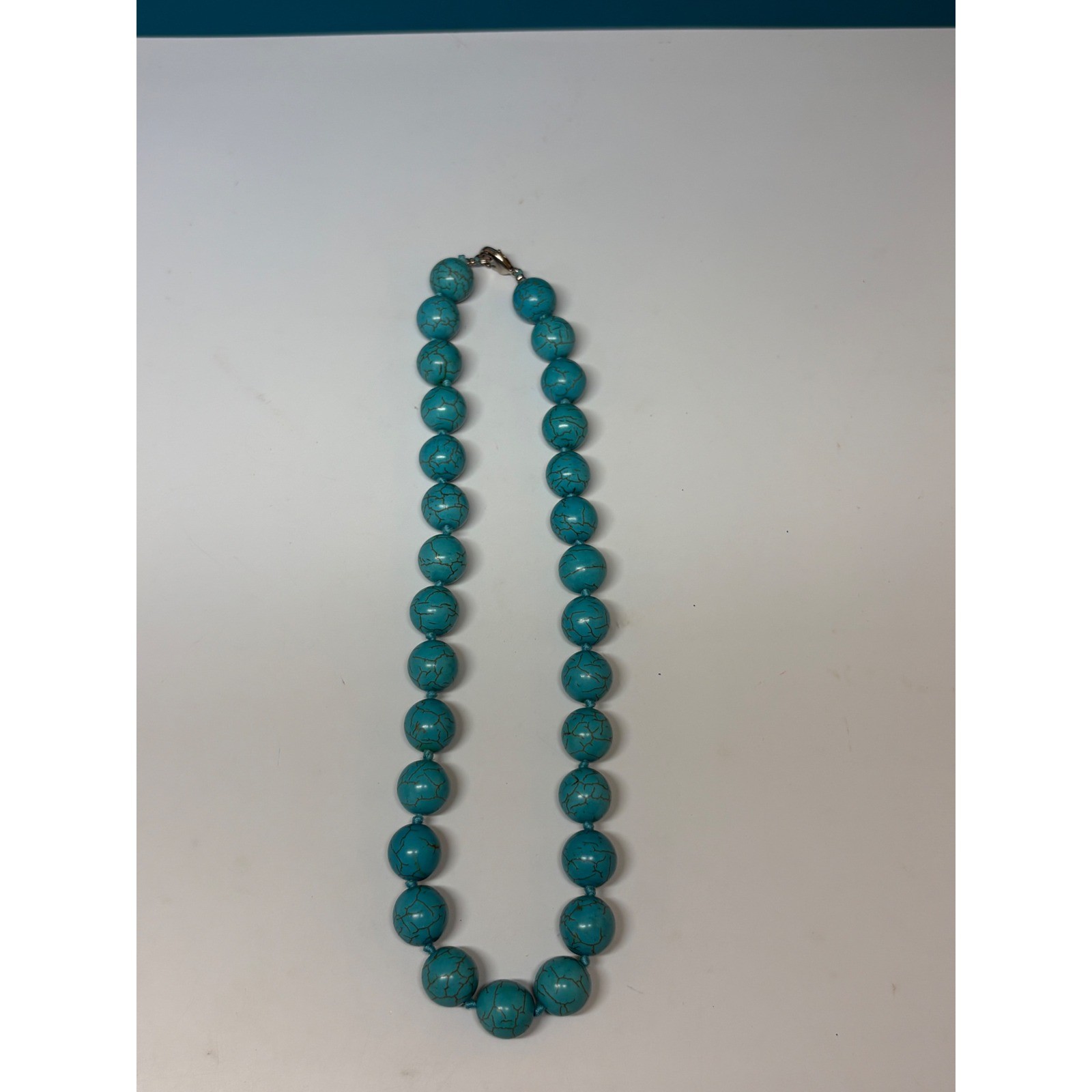 Turquoise Blue Magnesite Round Bead Knotted Statement Necklace 18 Inch