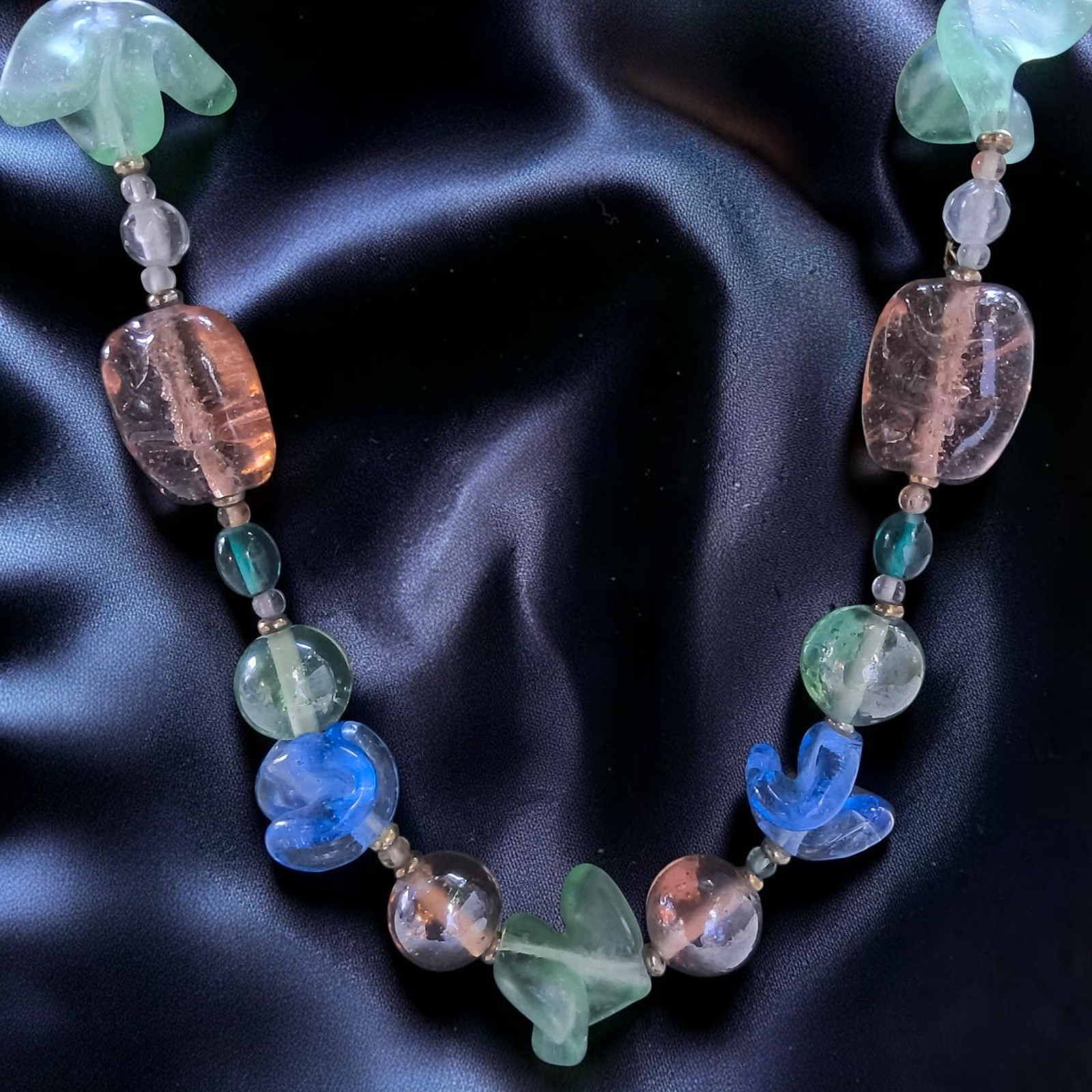Vintage Artisan Glass Bead Necklace Sea Glass Bubble Glass Coastal Statement