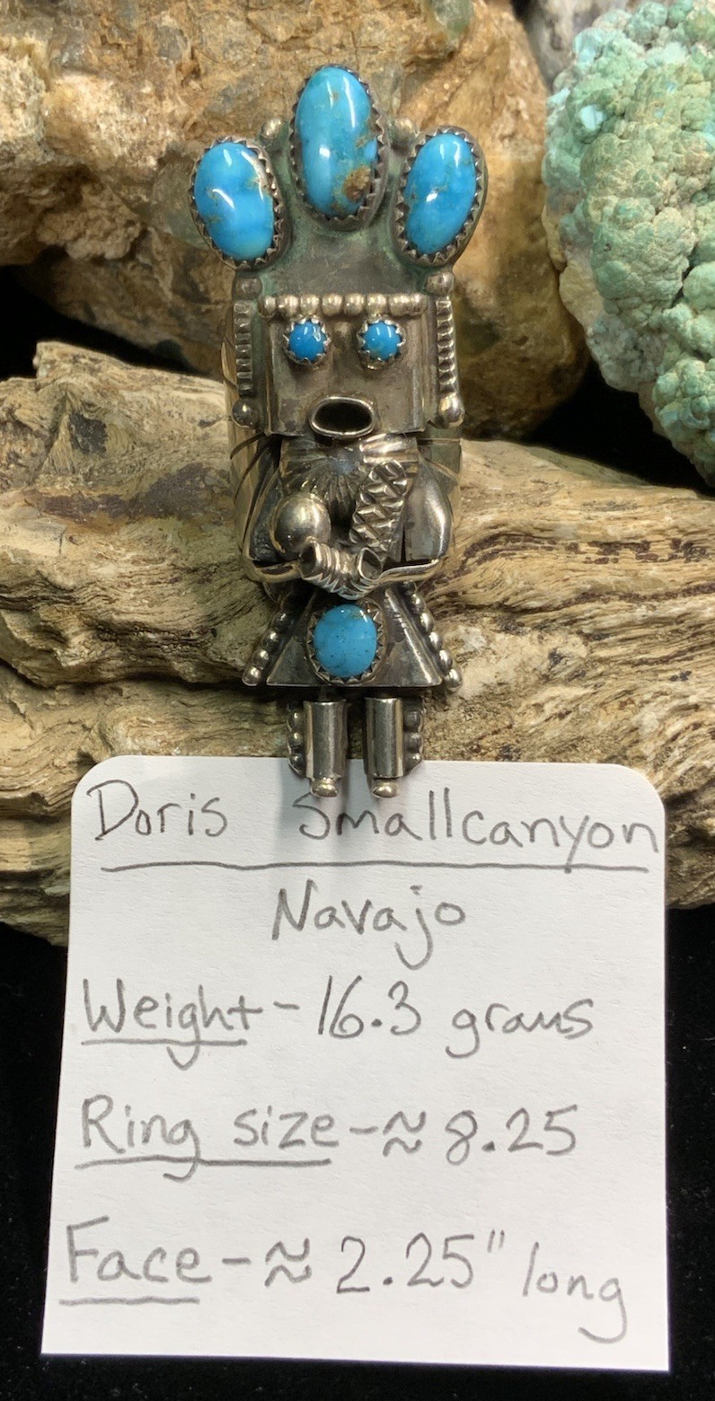 Navajo “Doris Smallcanyon” Sterling Silver & Turquoise Kachina Ring, 16.3g