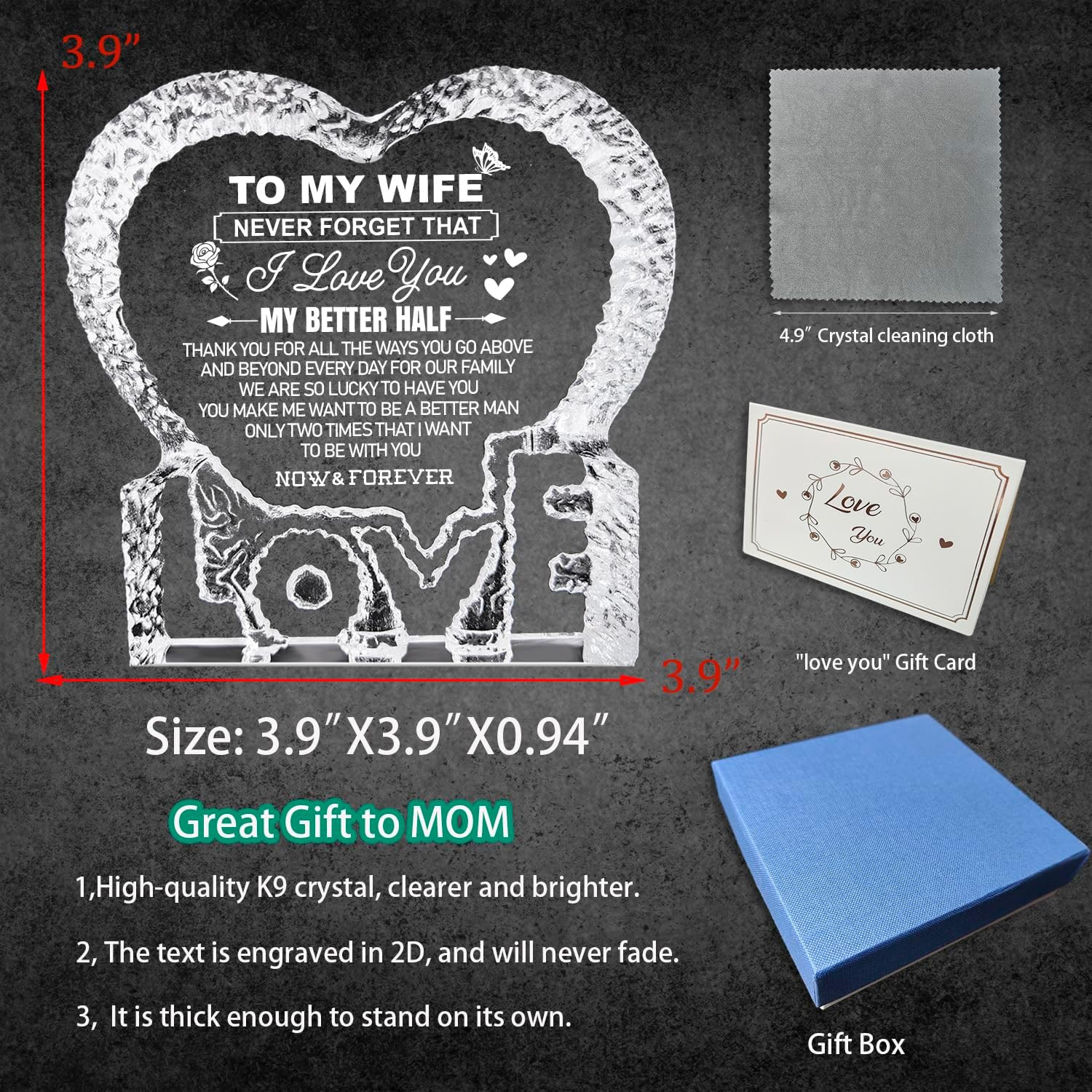 Mothers Day Crystal Gifts for Wife from Husband, Birthday Wife Gift K9 Crystal K