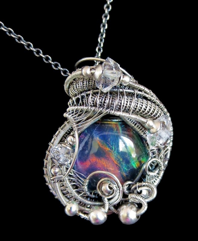 Aurora Opal Wire-Wrapped Pendant in Sterling Silver with Herkimer Diamonds