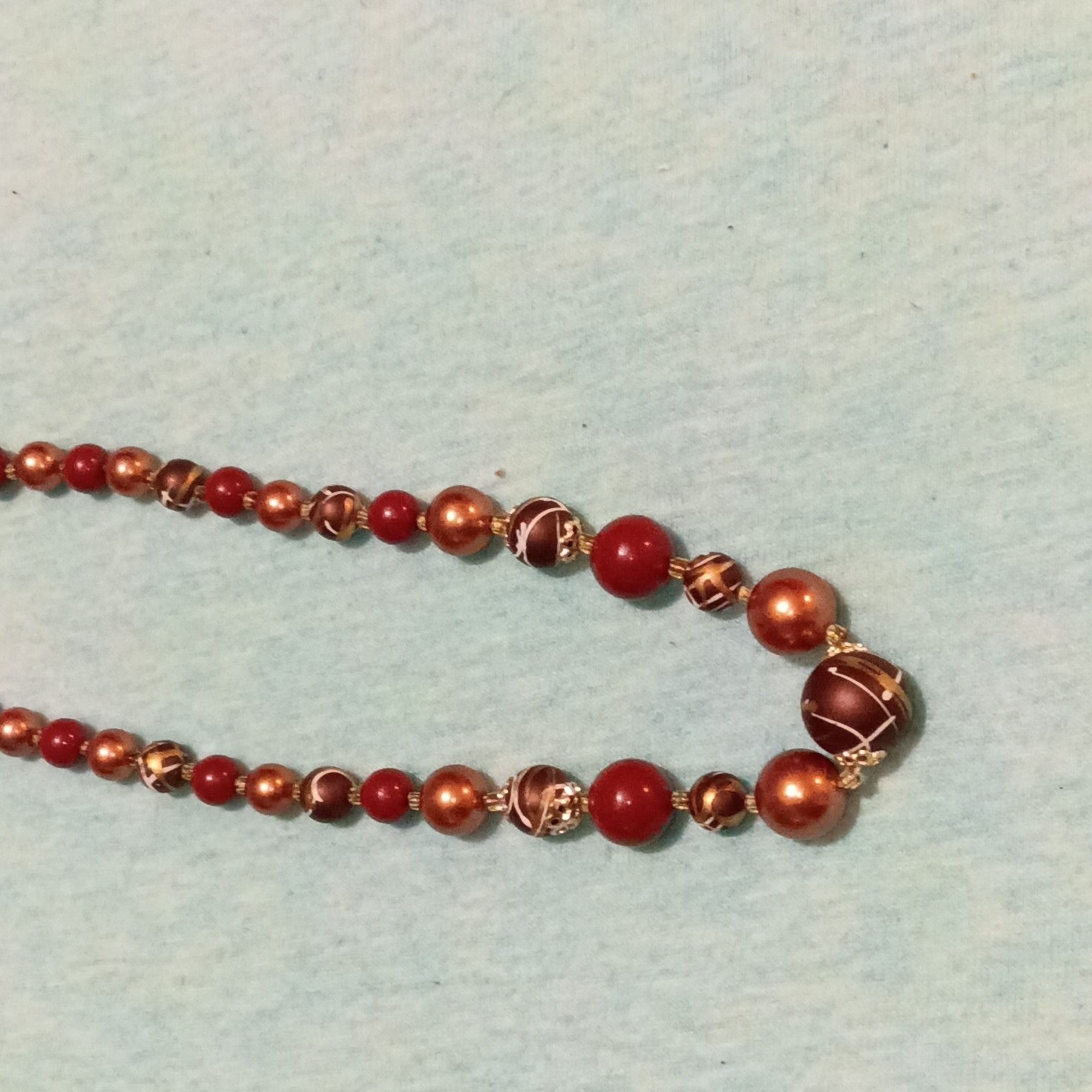 Red Bronze Beaded Necklace Glass Plastic Round Beads Lobster Clasp