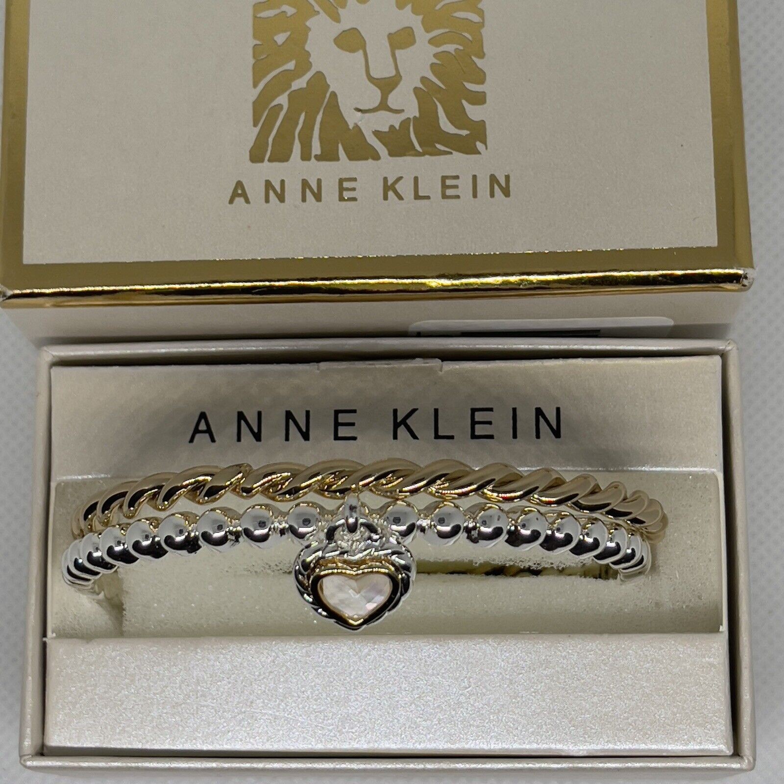 Anne Klein Gold Tone Bracelet (2 Piece Set) Crystal Heart Bangle Style Chic NWT