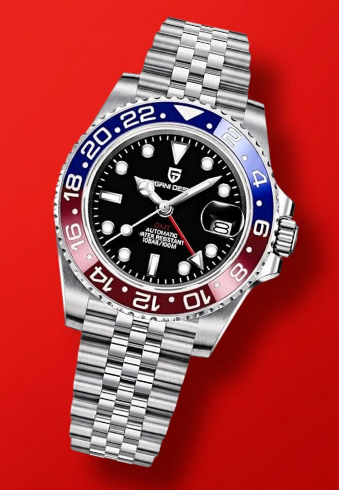 Mens Waterproof Divers Watch Black Dial Pepsi Bezel 40mm Jubilee Bracelet Pagani