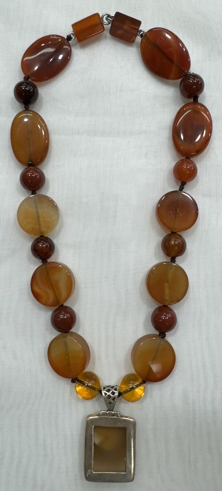 Handmade + Knotting Unique 16” Necklace with Agate, Citrine, 925 Silver Pendant