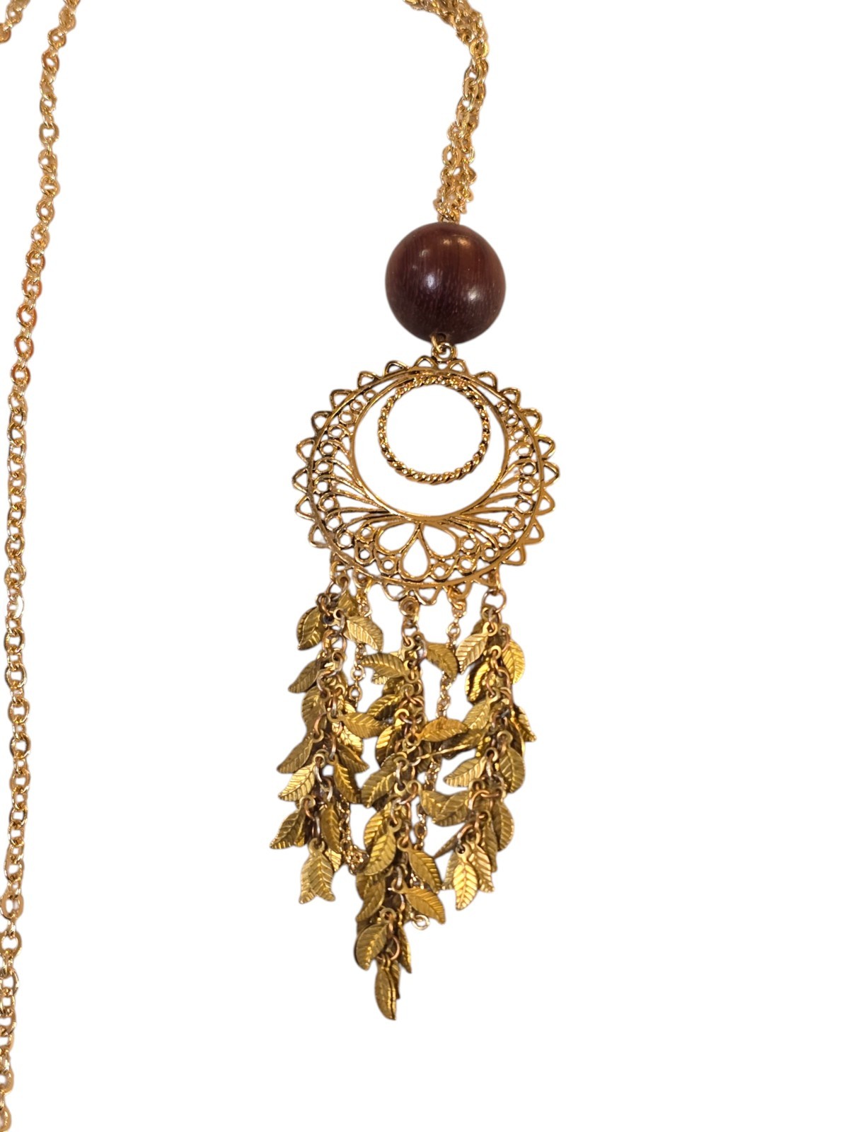 Sequin Women’s Trendy Gold Tone Brown Wood Long Pendant Necklace NWT