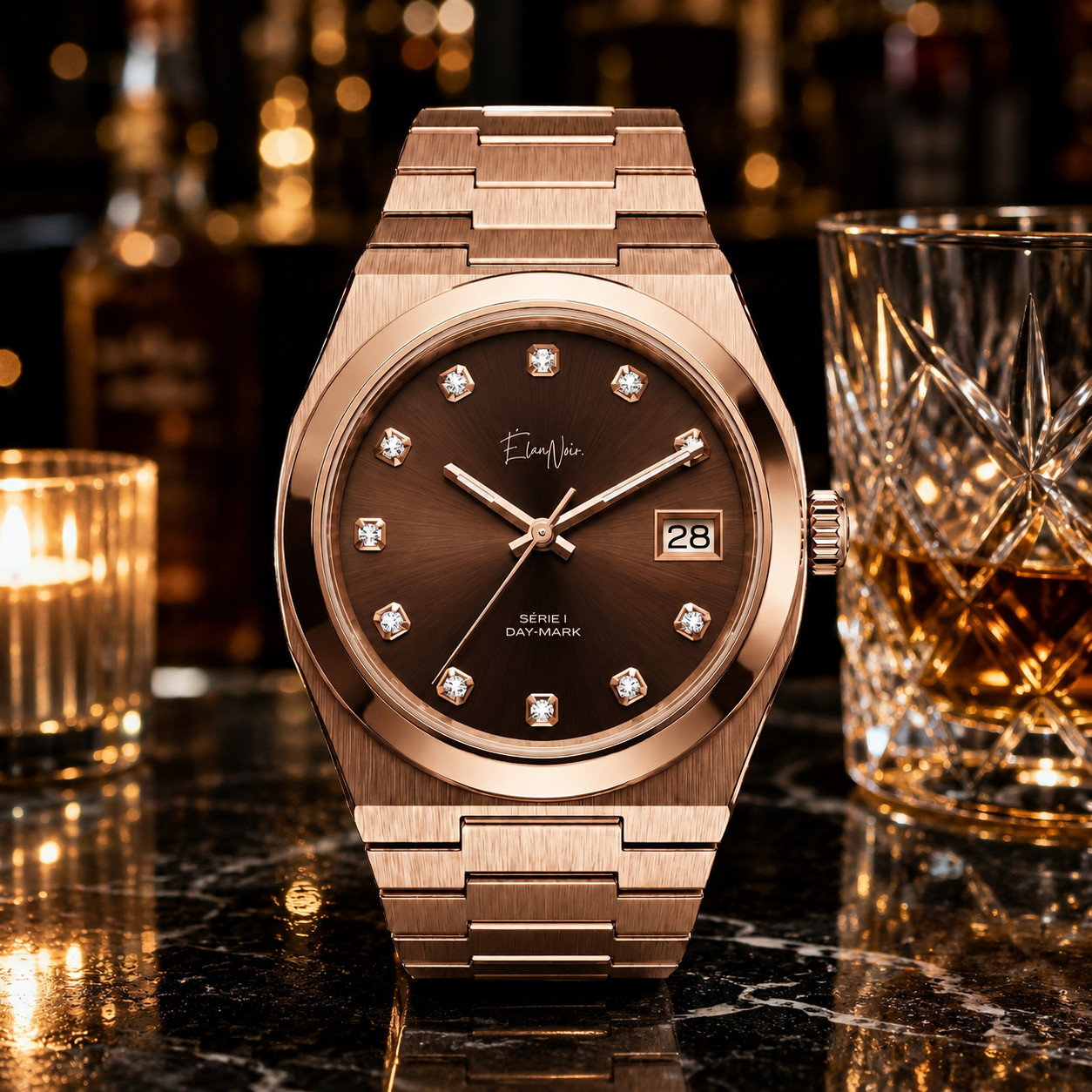 Custom Élan Noir Série I Rose/Brown 36mm Auto NH35 Sapphire Crystal Steel Watch