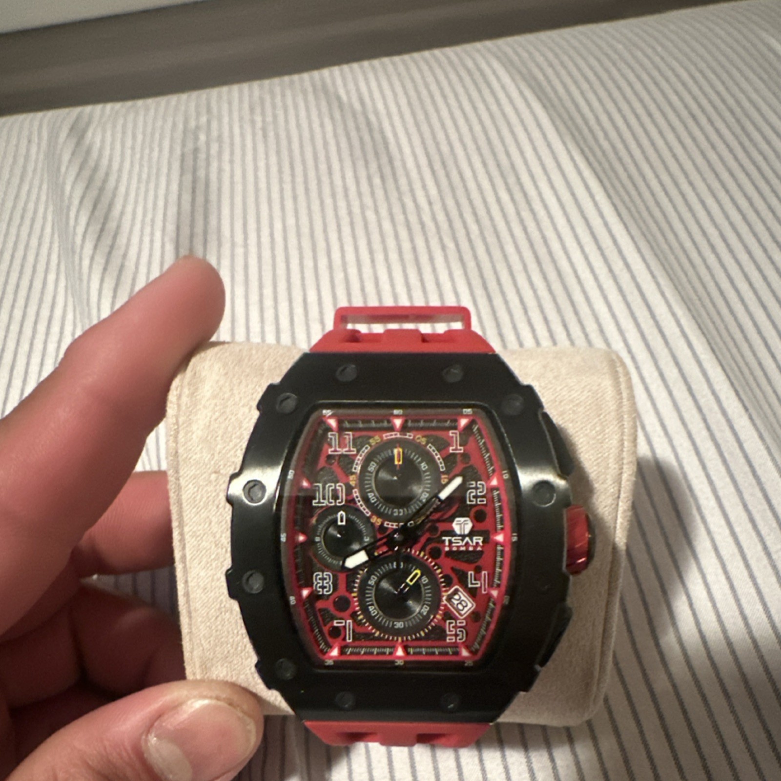 TSAR BOMBA Men’s Tonneau Analog Quartz Chronograph Date Red/Black Watch Box