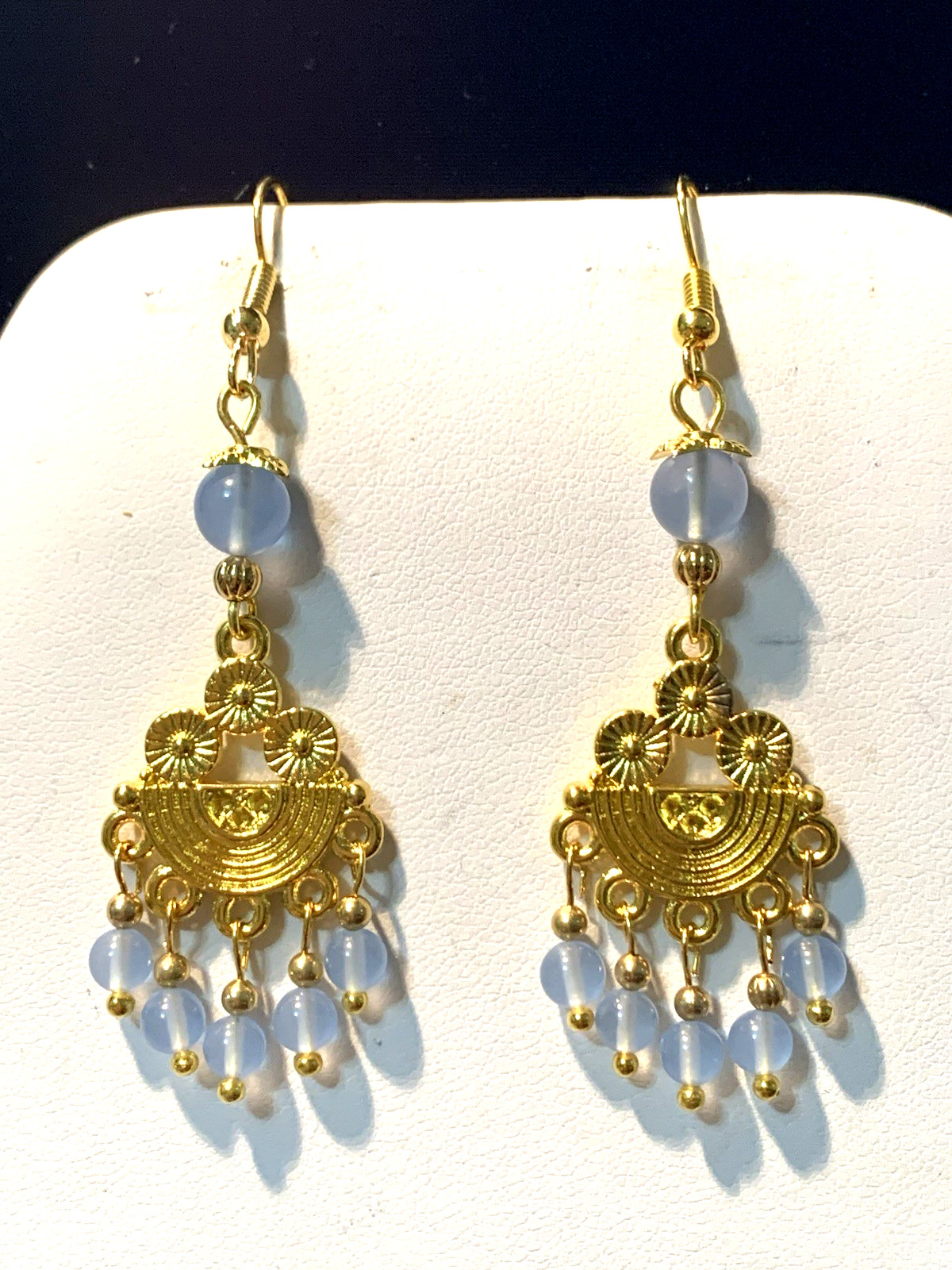 *NEW ITEM*HANDCRAFTED NATURAL BLUE CHALCEDONY ART-DECO CHANDELIER EARRINGS.g