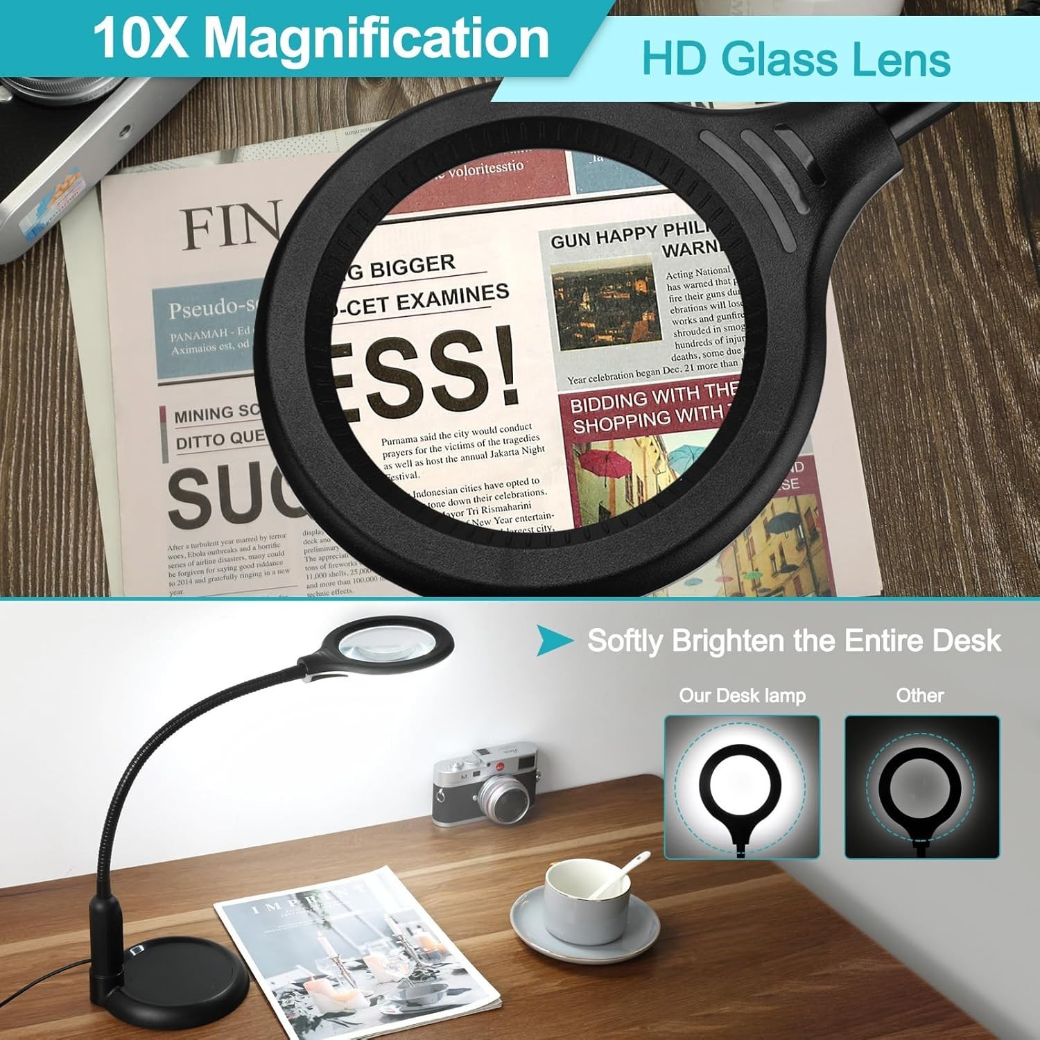 LED Desk Magnifier Lamp with Adjustable Gooseneck – 10X Magnification & Dimmable