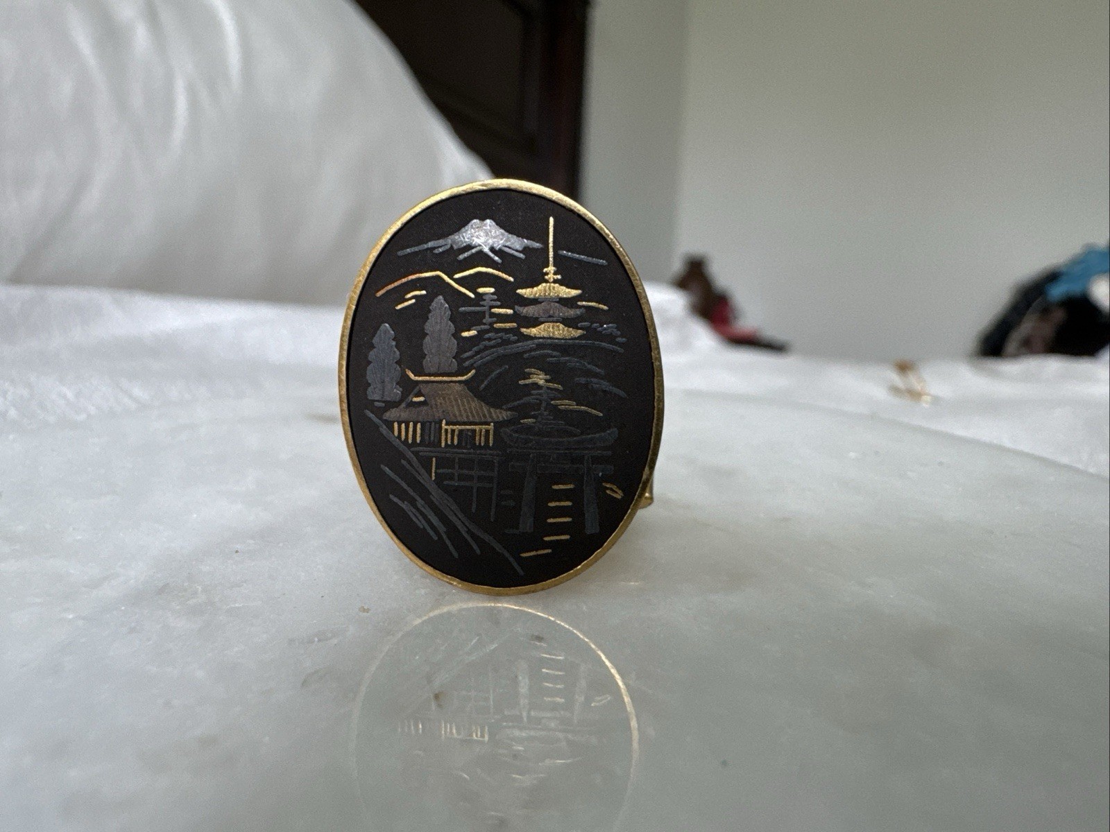 Vintage Sterling Silver Japanese Damascene Cufflinks Pagoda Mt. Fuji Japan 950