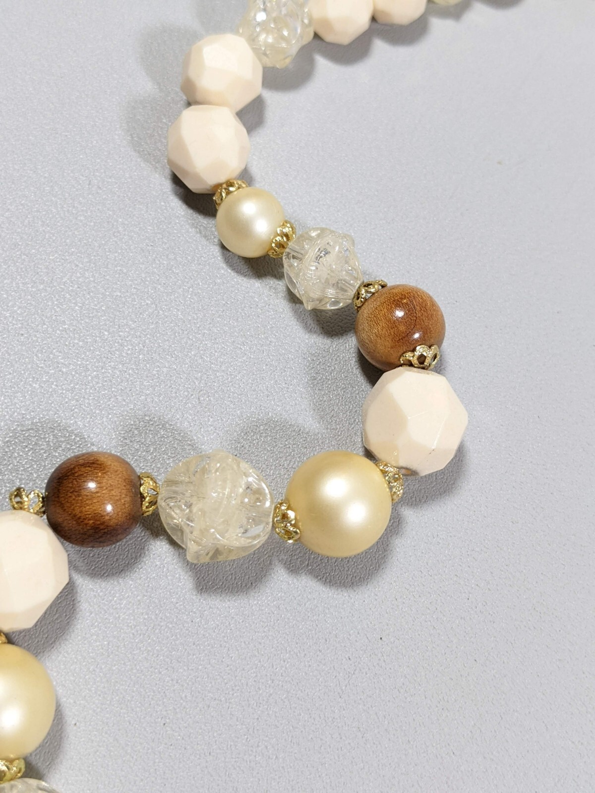 Vintage Ivory Color Brown wood Acrylic Faux Pearl Statement Necklace 28 inches