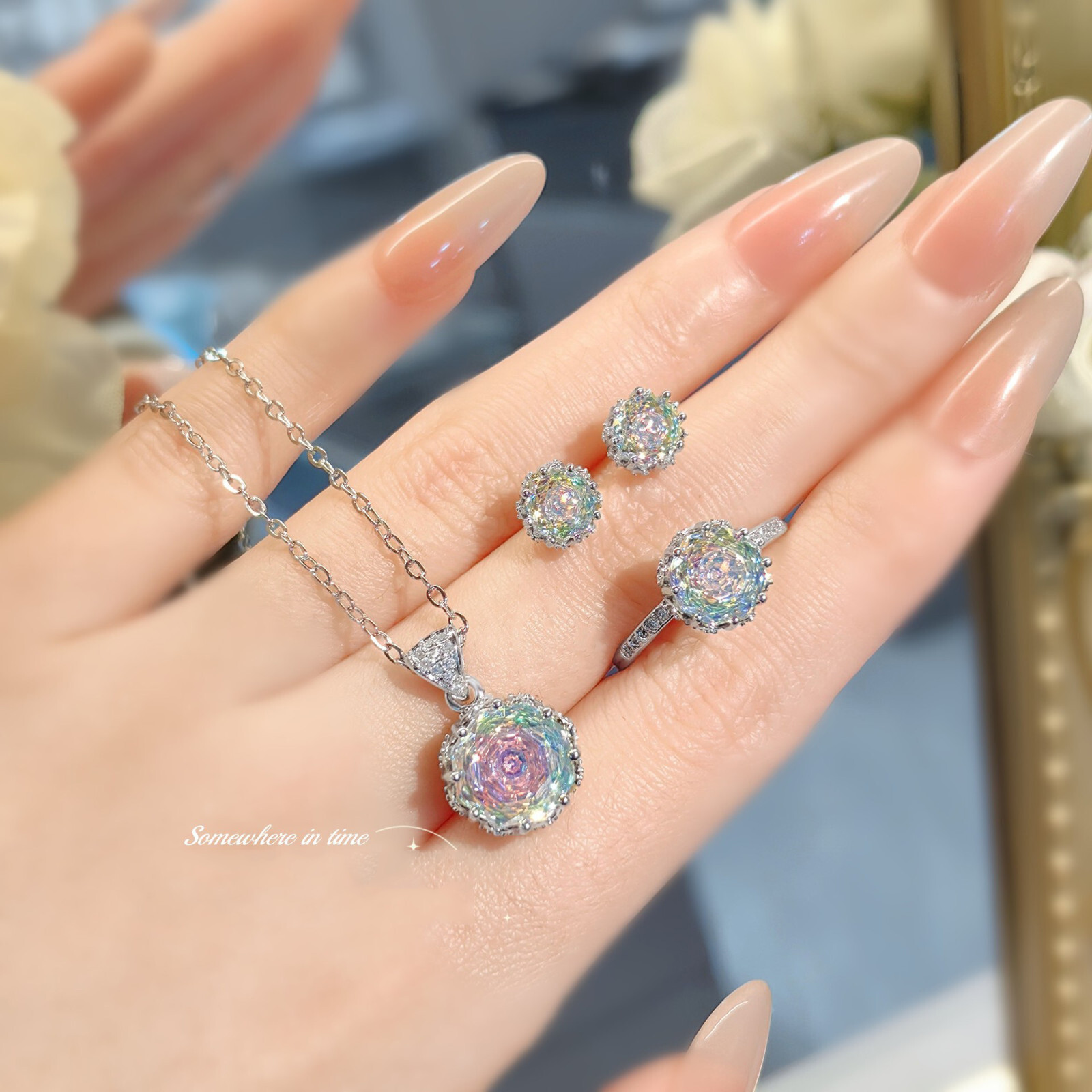 3pc Set Rose Cut White Mystic Topaz Gemstone Silver Women Necklace Earring Ring