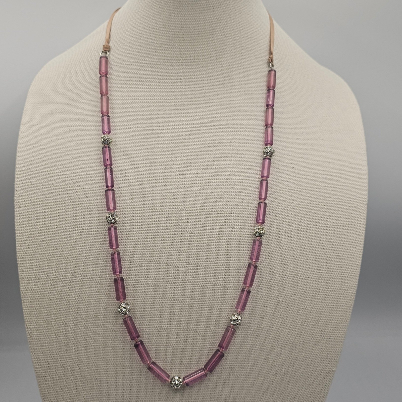 Lavender Purple Tube Bead Ribbon Tie Necklace Rhinestone Bead Spacers Coquette