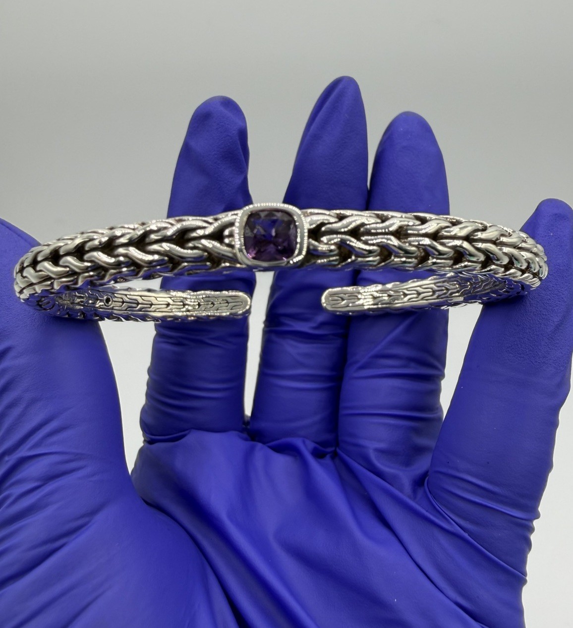 John Hardy 925 Sterling Silver & Purple Amethyst Cuff Bracelet 6.3mm 27.8g Sz 7