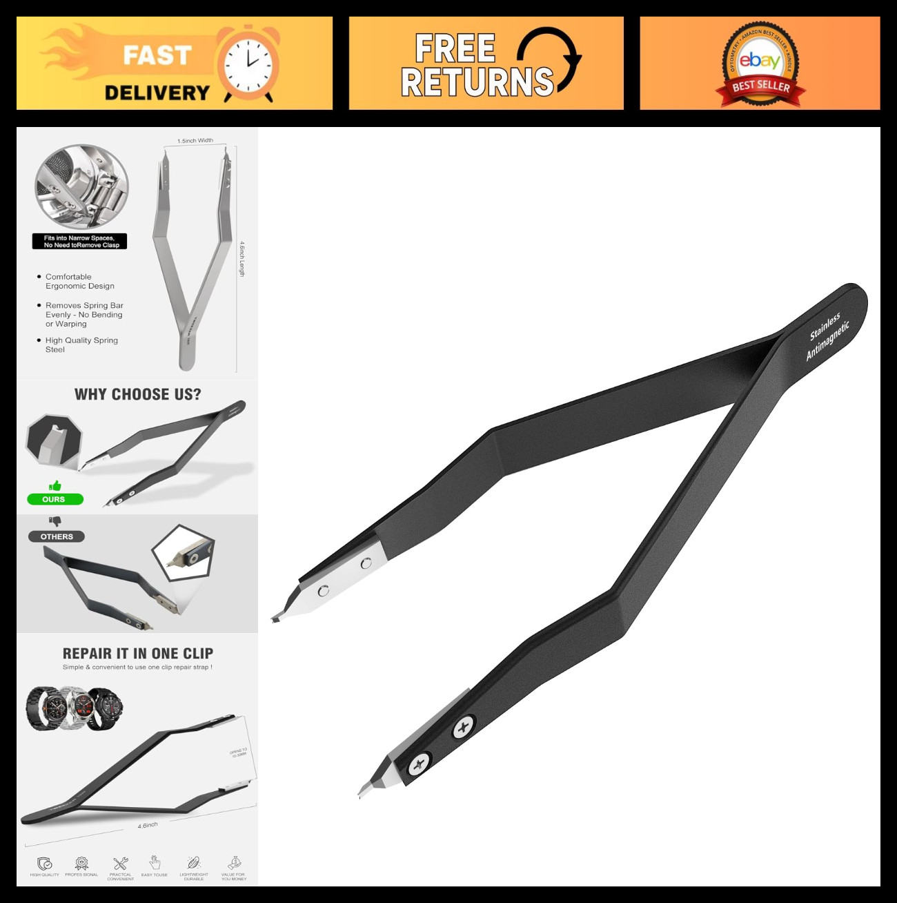 Watch Spring Bar Tool, Tweezer & Plier Set for Watch Repair – Black Removal Tool