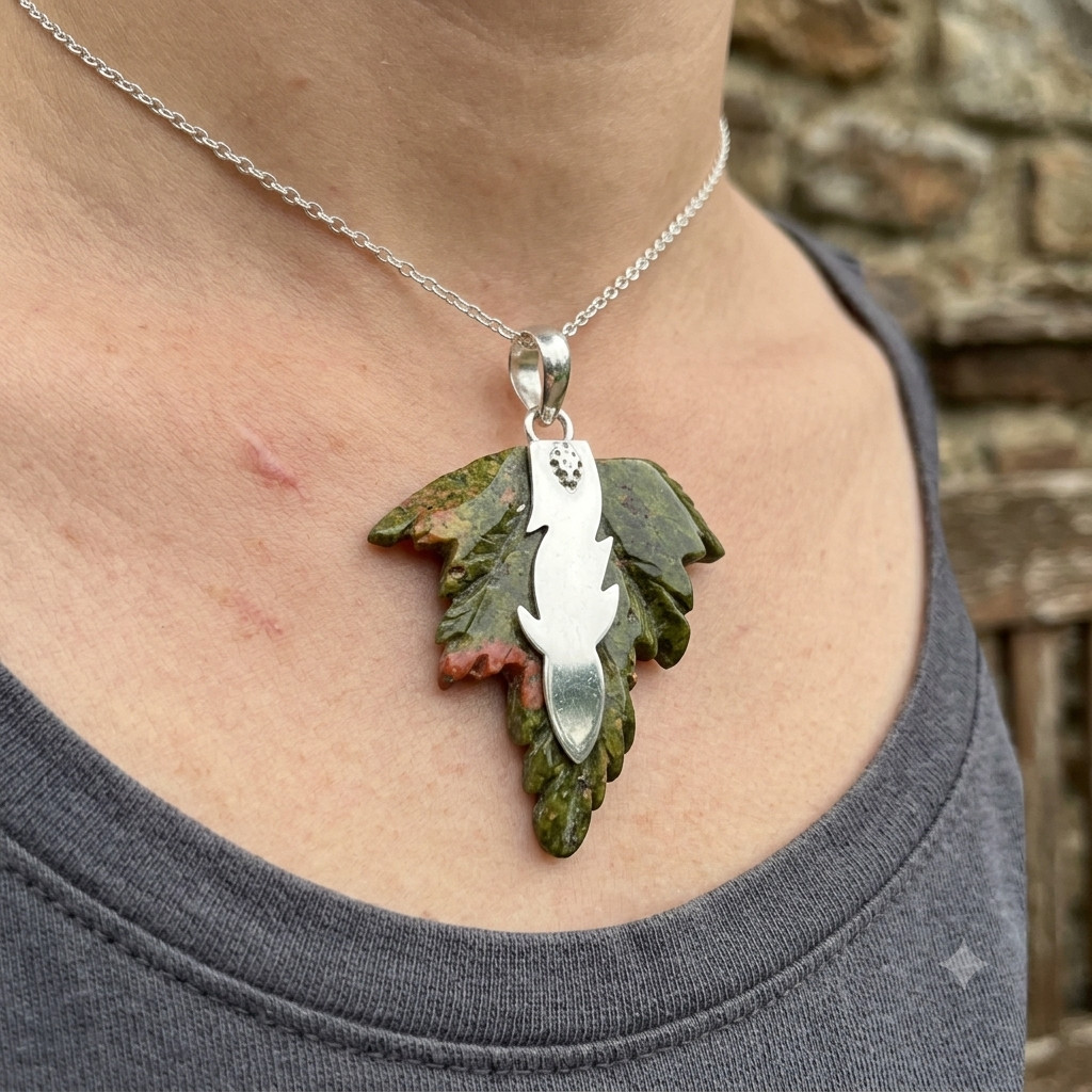 Genuine CARVED Leaf – Unakite 925 Silver Unique Engagement New Pendant Jewelry