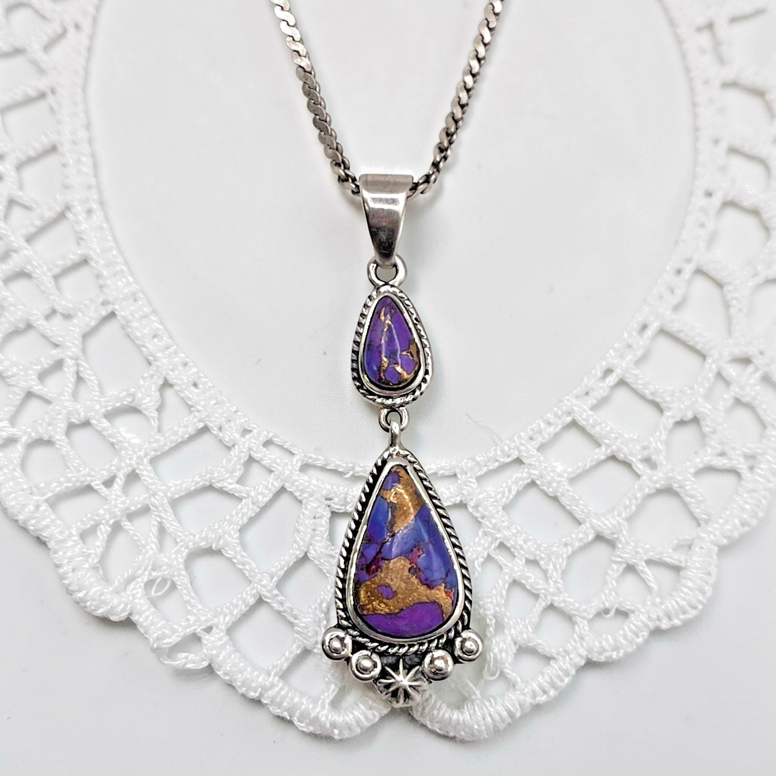 Vintage T Philippines Sterling Copper & Purple Gemstone Pendant Necklace, 16.5″