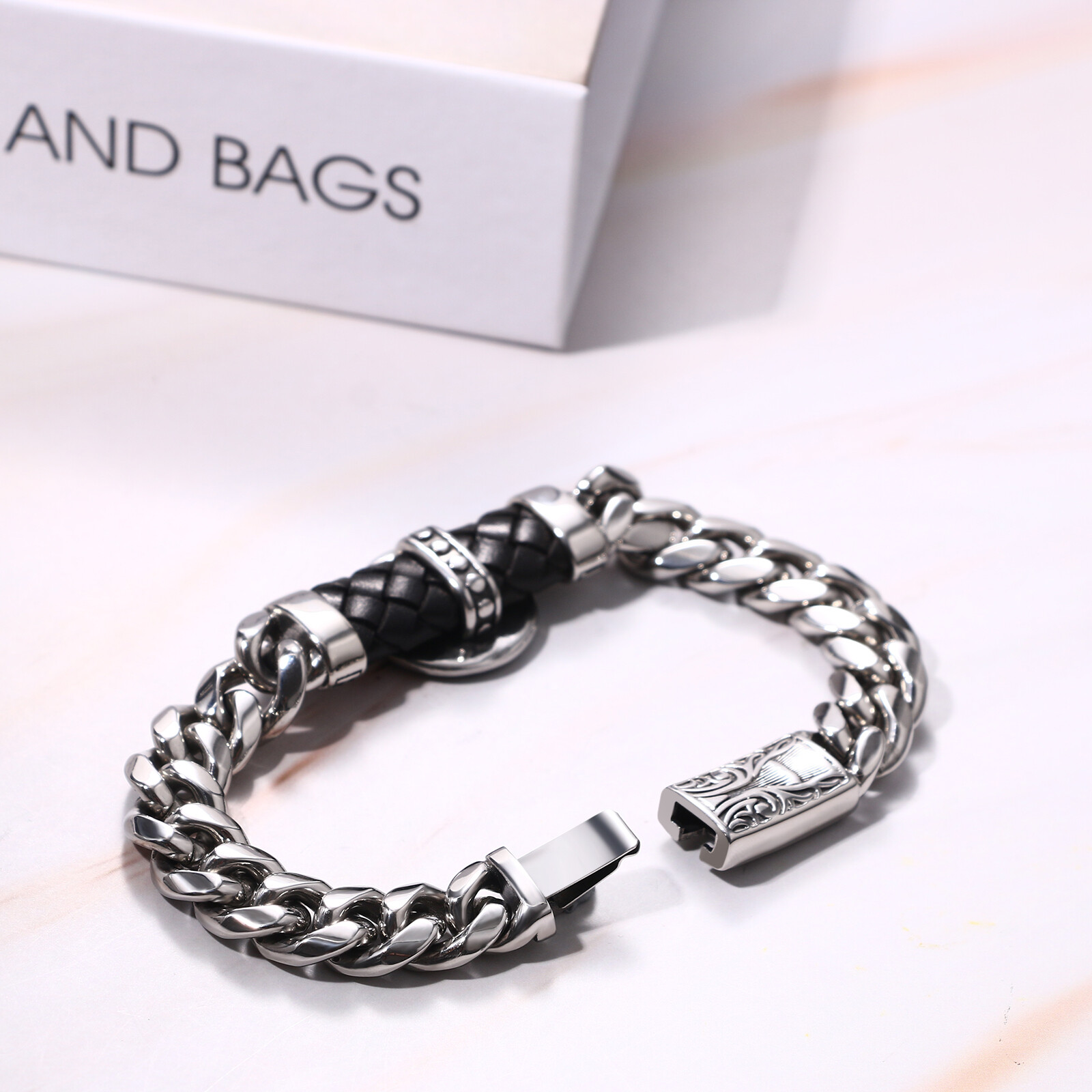 9in Cuban Link St Michael Bracelet for Men Stainless Steel Heavy Biker Bangle