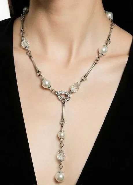 Murano Glass Lariat Necklace with Pearl Glass from Murano