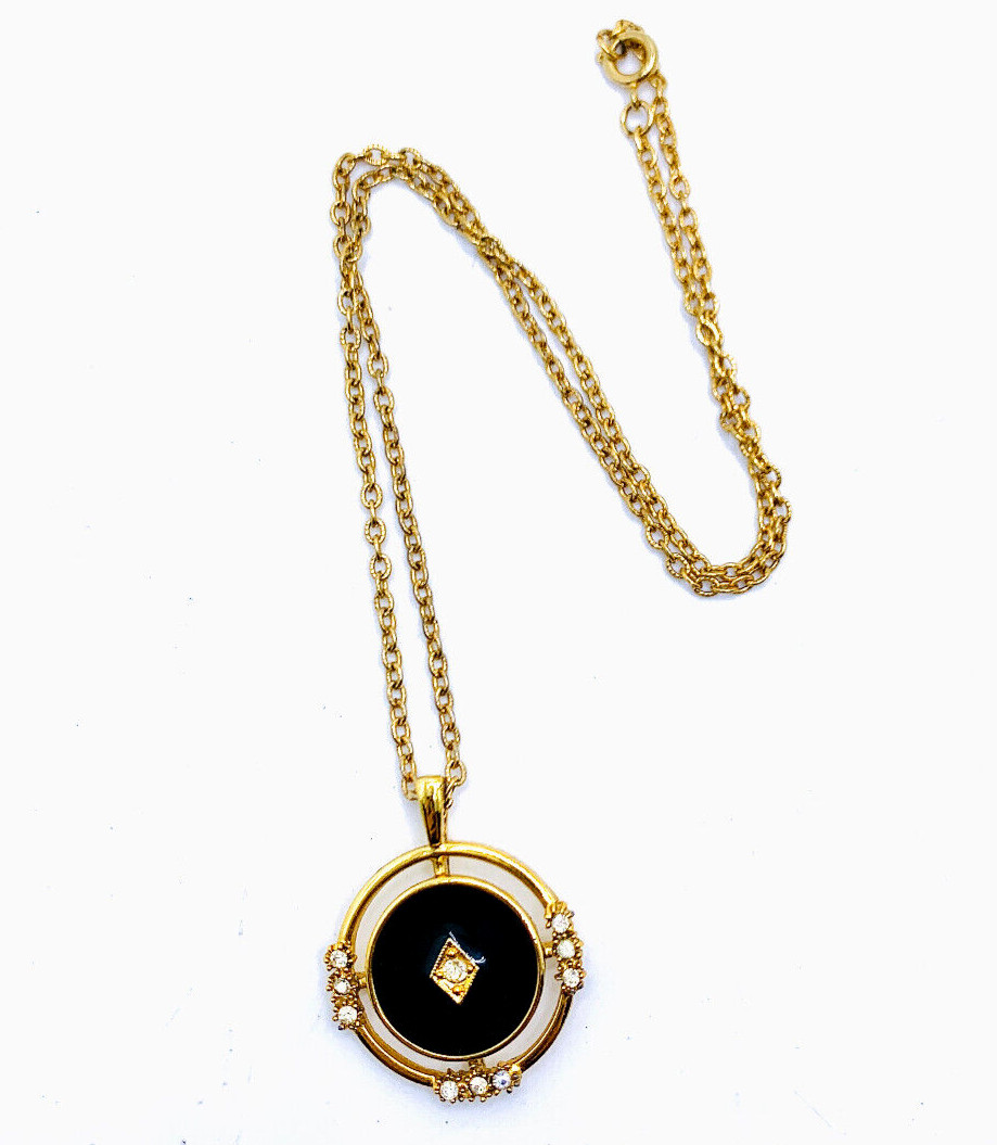 Vtg Gold Crown Inc Gold Tone Black Enamel Rhinestone Deco Rev. Pendant Necklace