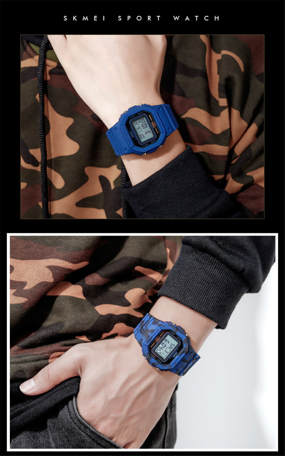 SKMEI Men Sport Watch Rectangle Digital Wristwatch Countdown Electronic Watches