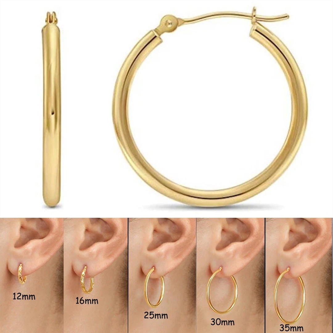 25mm 14K Real Solid Yellow Gold Shiny Polished Round Creole Hoop Earrings Gift