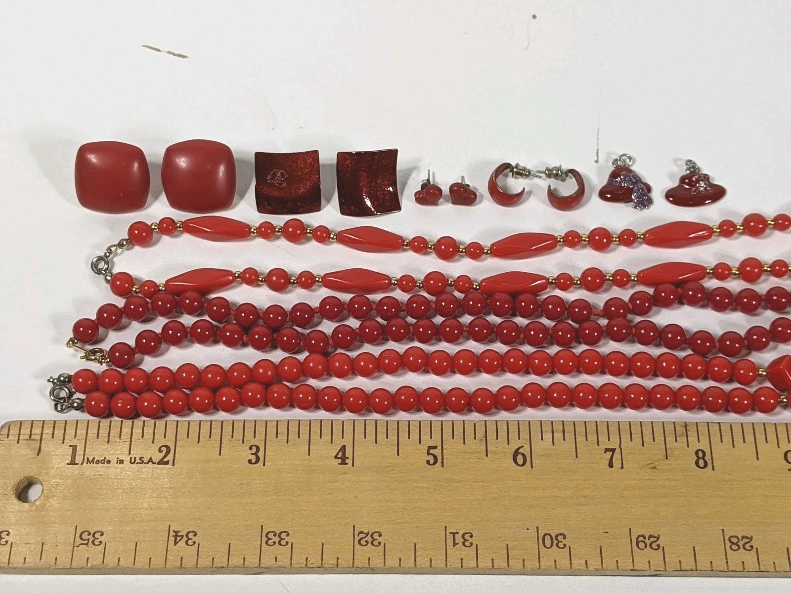 Red Jewelry Lot Necklaces Earrings Charms One Trifari & Unbranded All Vintage 8p