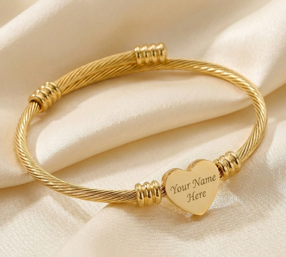 Personalized Heart Cuff Bracelet – Engraved Gift – 18K Gold PVD Coating