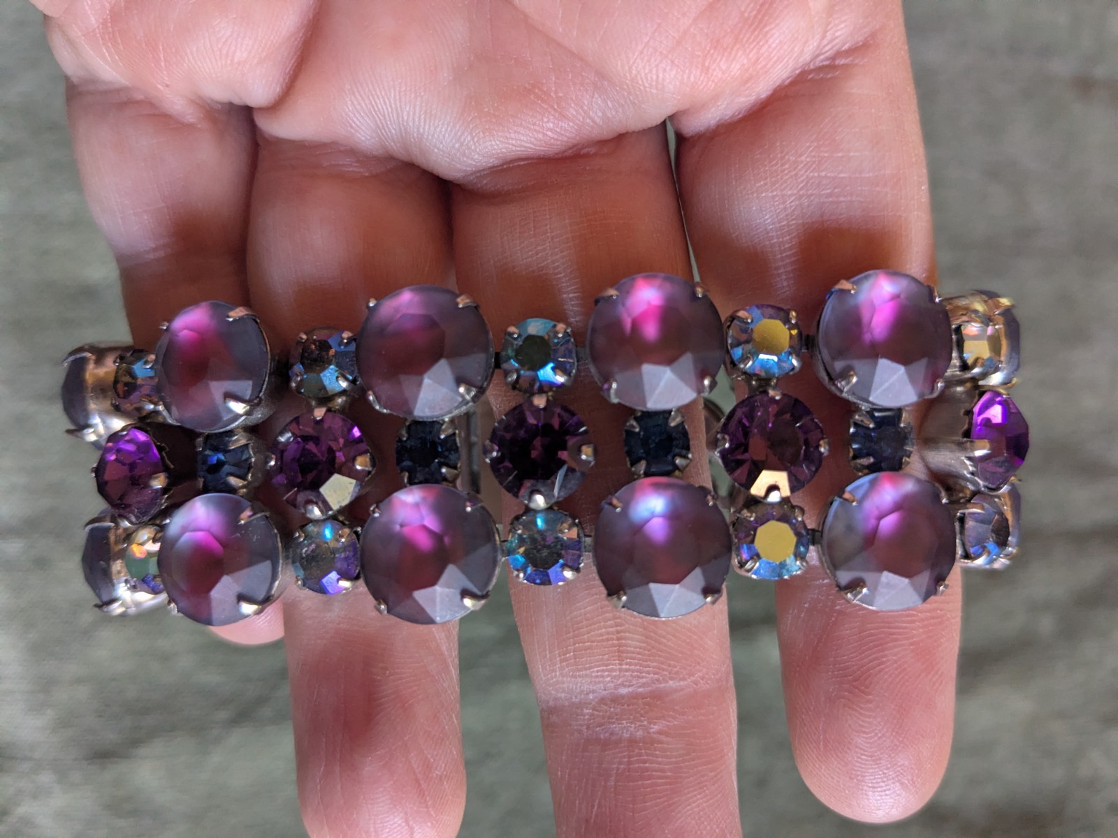 Vintage rhinestone bracelet pink, purple, blue MCM cuff safety chain unsigned