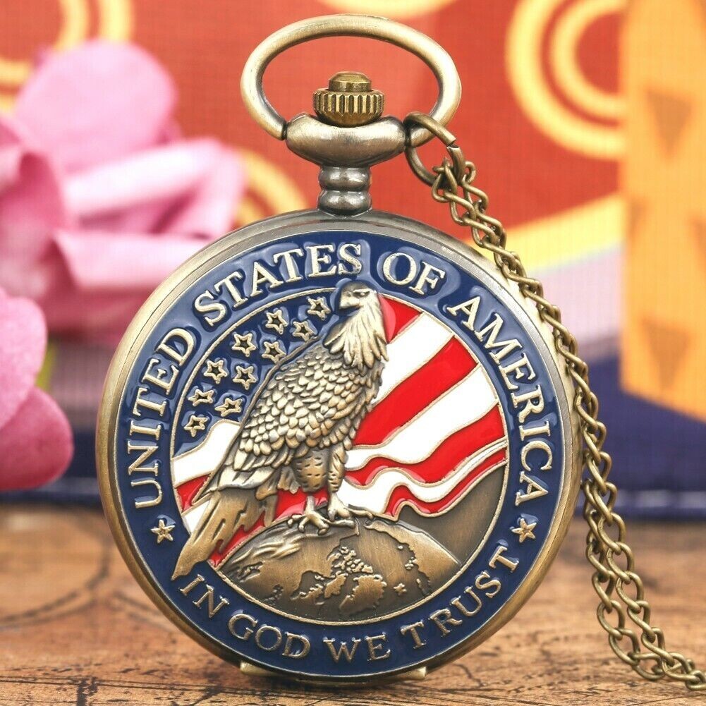 New Bronze Quartz Pocket Watch, Bald Eagle, USA, In God We Trust, Free Shipping